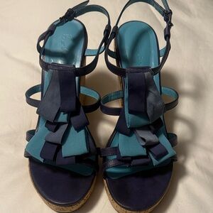 Boden Navy and Teal Wedge Sandals (size 10)